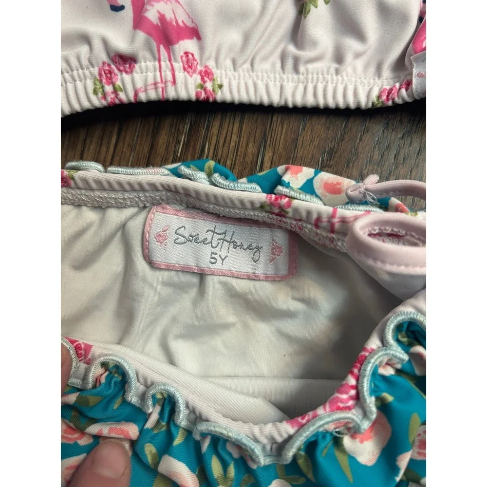 SweetHoney Girls Flamingo Floral Ruffle Swimsuit Set - Size 5Y - Adorable!